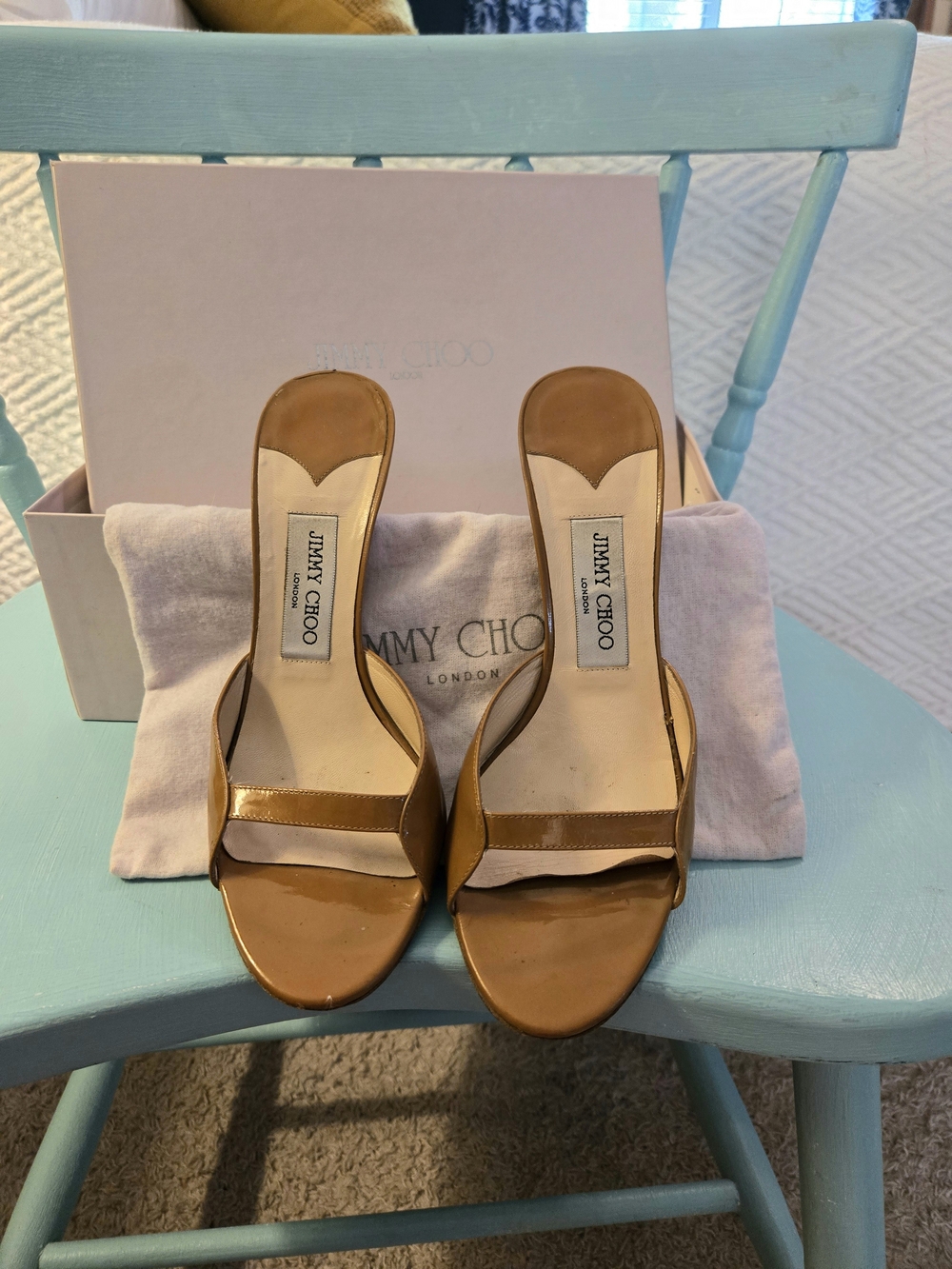 Authentic Jimmy Choo Tan Patent Leather Slide Mules